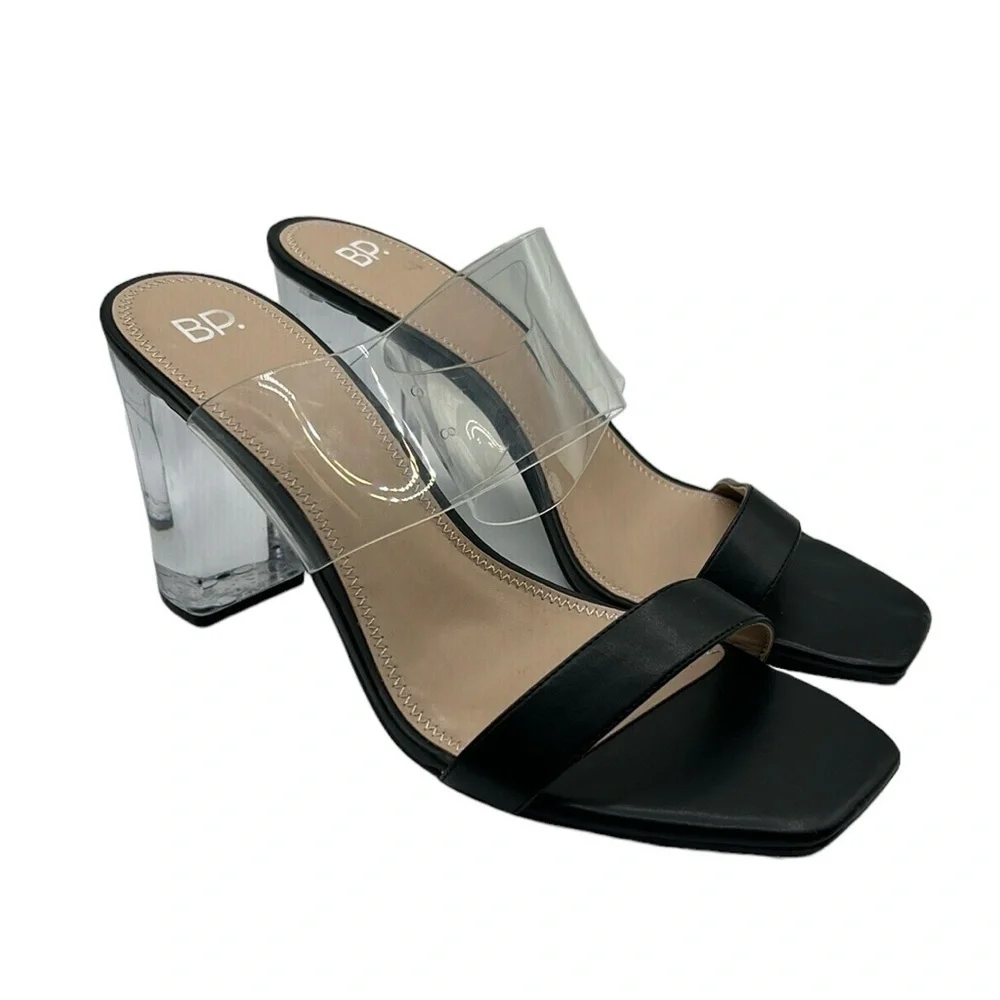 BP Black Clear Heel Open Toe 90s Y2K Front Strap Block Heel Sandals Size 11 New!